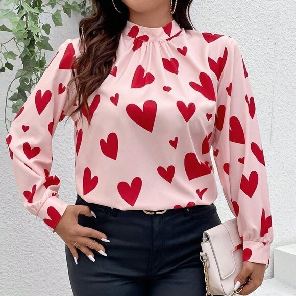 . Tops - Pink Casual Women's Heart Print Stand Collar Shirt